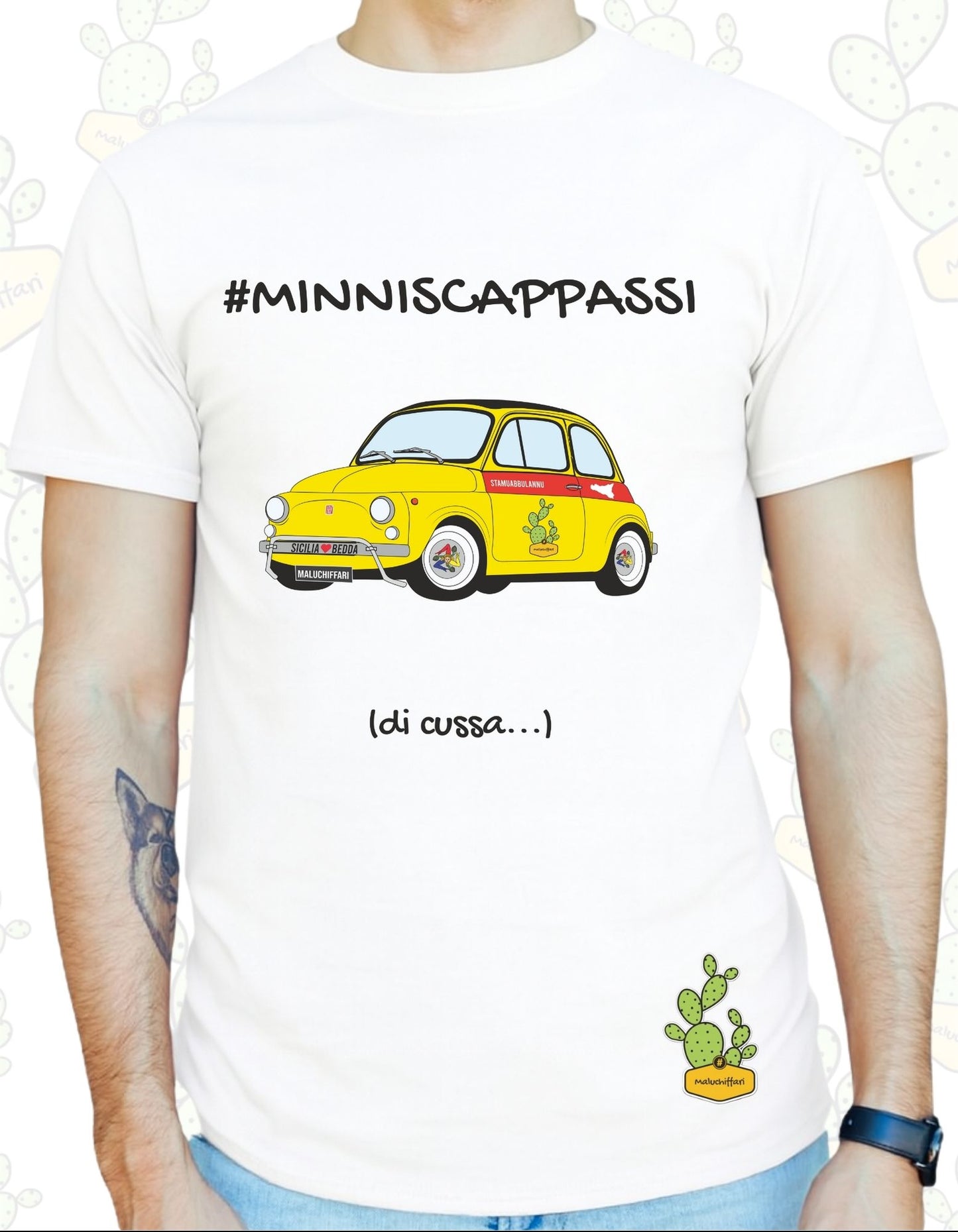 T-shirt Uomo Maluchiffari – MINNISCAPPASSI di cussa (500 GIALLA)- Dialetto, Stile e Ironia Siciliana