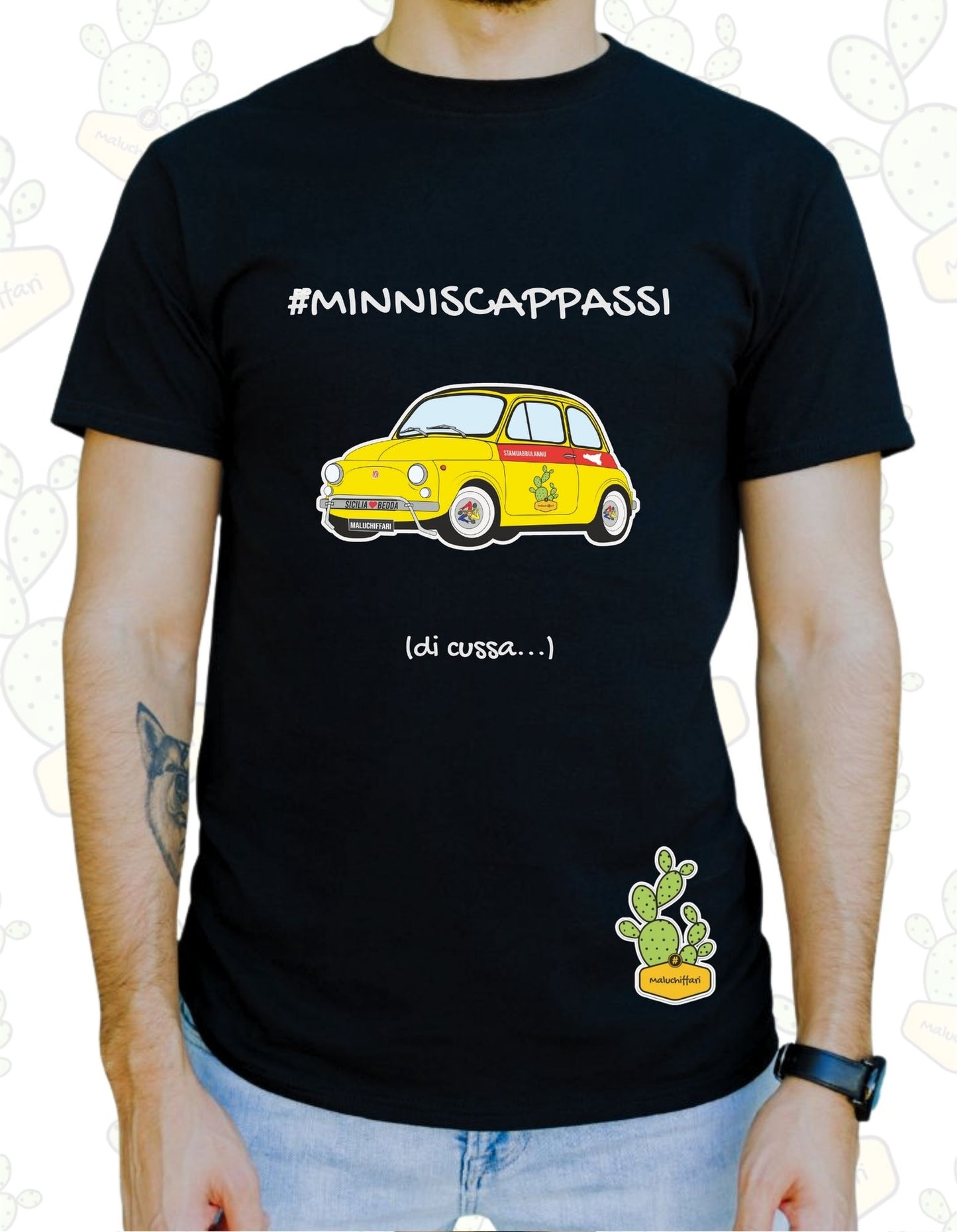 T-shirt Uomo Maluchiffari – MINNISCAPPASSI di cussa (500 GIALLA)- Dialetto, Stile e Ironia Siciliana